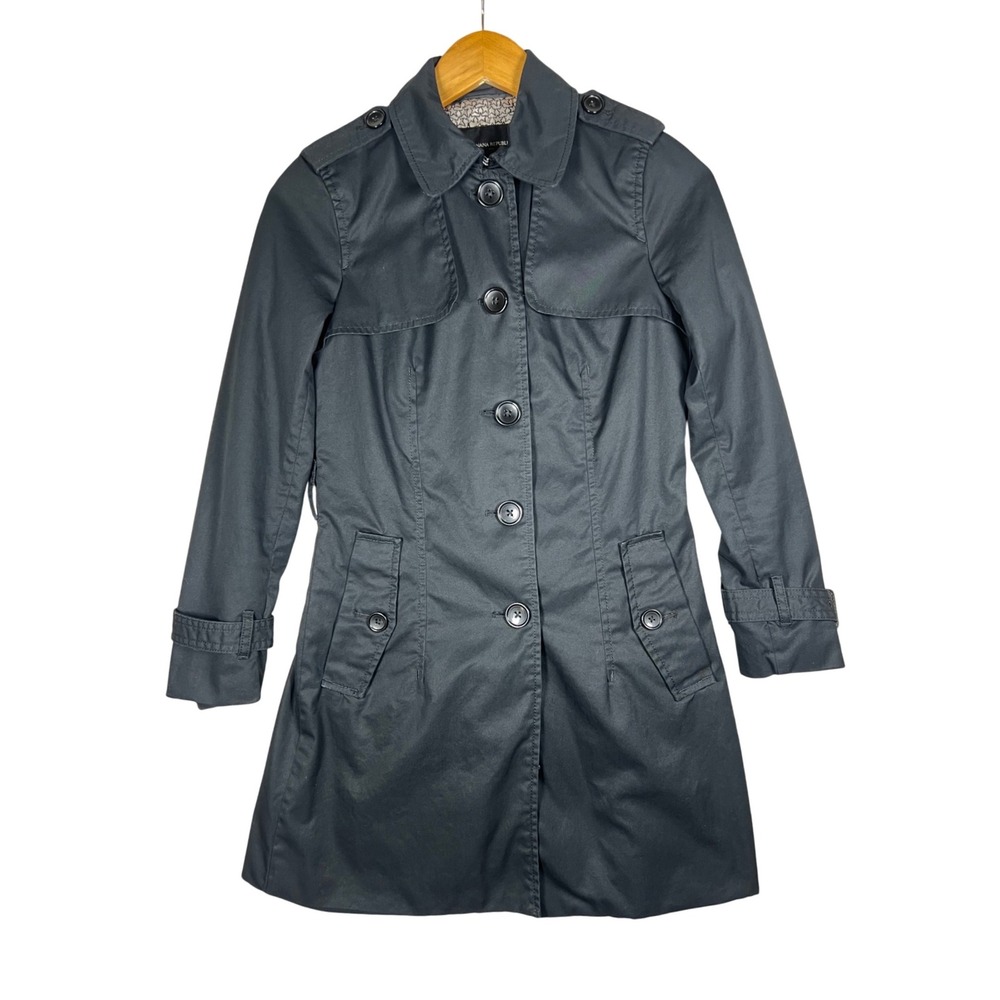 Banana Republic Black Trench Coat XS Petite‎ Preppy Classic Star Print Lining
